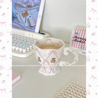 แก้วมินิมอล แก้วเซรามิค แก้วนม แก้วกาแฟ แก้วน่ารัก ใช้ไมโครเวฟได้หมีโบว์🎀 พร้อมส่ง
