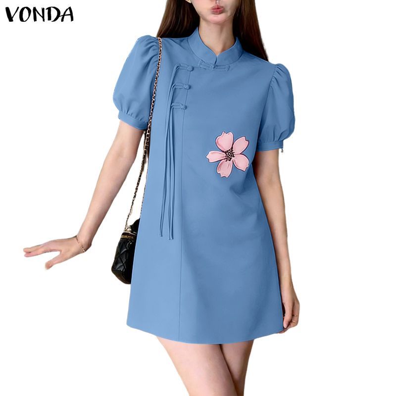 Vonda ชุดลำลองสำหรับผู้หญิง สไตล์เกาหลี ดีไซน์ลายดอกไม้ มีกระดุมเฉียง พู่พวงแขน และทรงเอว:H-line สำหรับสวมใส่วัน.daily wear