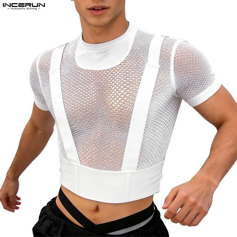 INCERUN เสื้อยืดแขนสั้นแฟชั่น Hollow Design Splicing สําหรับผู้ชาย