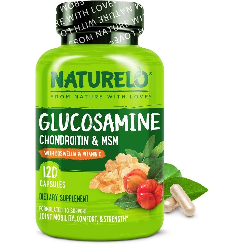 NATURELO Glucosamine Chondroitin MSM พร้อม Boswellia และวิตามินซี - อาหารเสริมเพื่อความสบายของข้อต่อ โมบิลตี้ และความแข็งแรง - 120 แคปซูล