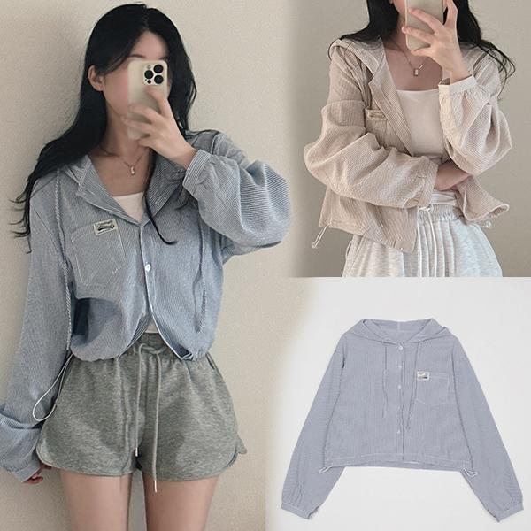 mimi#เสื้อแจ็คเก็ตมีฮู้ดแขนยาวลายทางสำหรับผู้หญิง เสื้อไซส์ใหญ่สไตล์เกาหลี เสน่ห์แบบเรโทร มีกระเป๋าปะปักตัวอักษร#99409