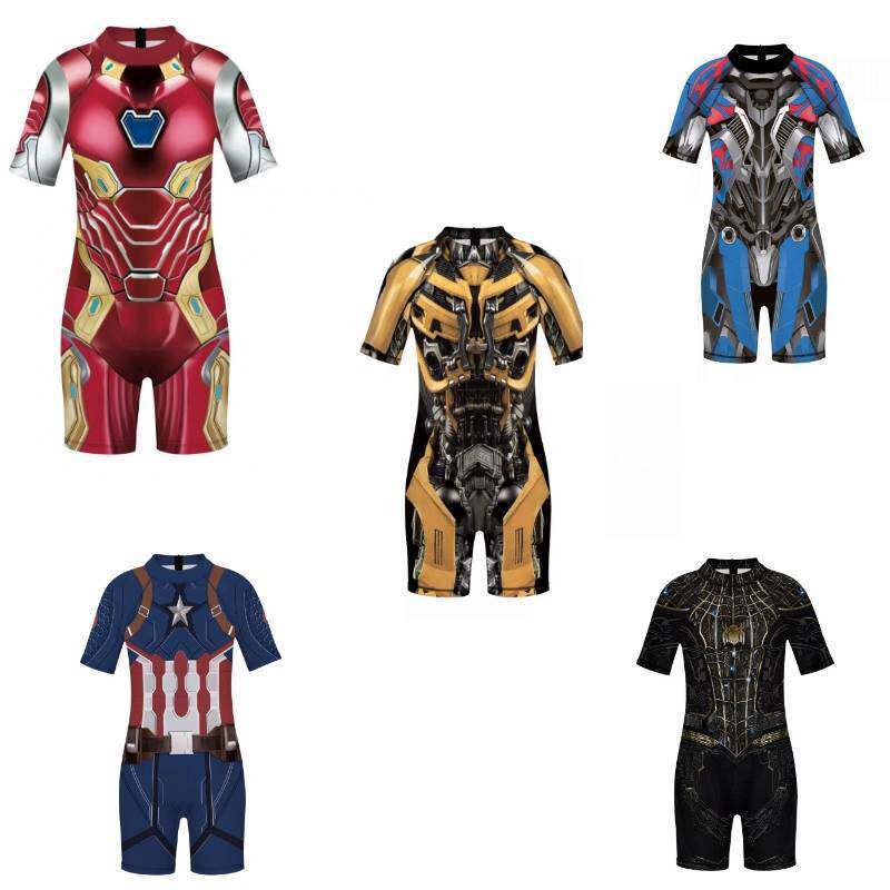 เด็ก Iron Man Spider-Man กัปตันอเมริกา Optimus Prime Bumblebee ชุดว่ายน้ําวันพีซครีมกันแดด Quick-Dry