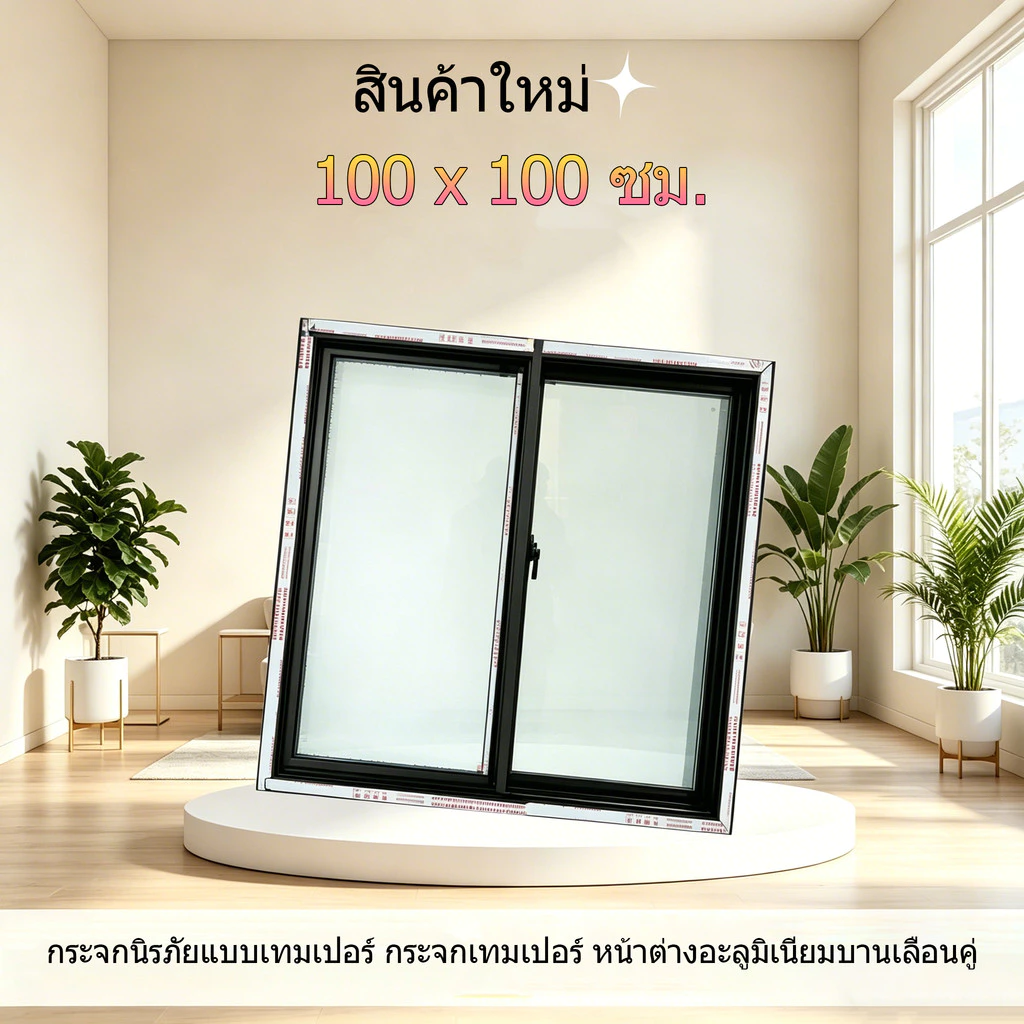 หน้าต่างอะลูมิเนียมบานเลื่อนคู่ กระจกนิรภัยแบบเทมเปอร์ 100x100 ซม.กระจกเทมเปอร์ มีหลายสี หน้าต่าง