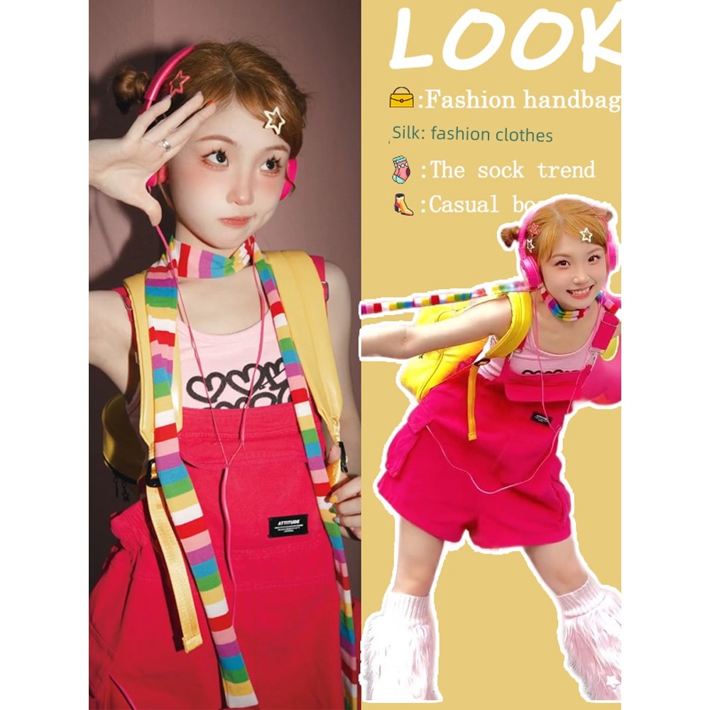Korean shorts cicishop1 กางเกงขาสั้นสบาย Milk fufu Dopamine Wear Rose Red Denim Overalls ผู้หญิงฤดูร