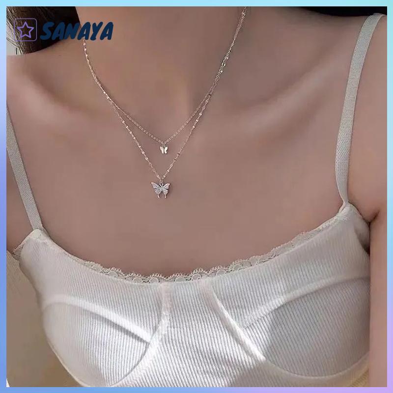 Dwi สร้อยคอโซ่กระดูกไหปลาร้าสองชั้นเครื่องประดับเพทายสร้อยคอจี้ผีเสื้อสำหรับเครื่องประดับผู้หญิง