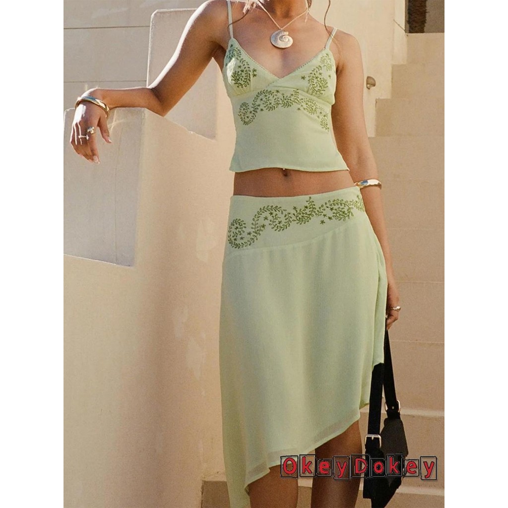 ODokey-ชุดกระโปรงผู้หญิง 2 ชิ้นพิมพ์ลายดอกไม้สปาเก็ตตี้สายคล้องคอคอวี Cami Tops ไม่สมมาตร Midi กระโปรงชุด