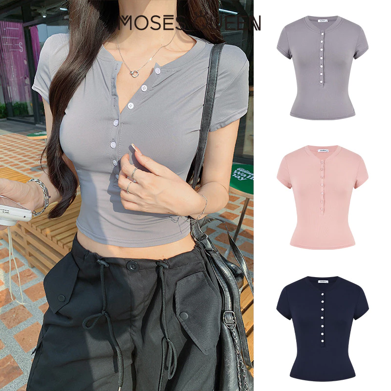 MOSESQUEEN มอสส์ ราชินี เสื้อยืดแขนสั้นติดกระดุมครึ่งคอปก -เสื้อกีฬาทรงเข้ารูปเฉพาะฤดูร้อนสําหรับผู้หญิง #63595