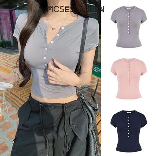MOSESQUEEN มอสส์ ราชินี เสื้อยืดแขนสั้นติดกระดุมครึ่งคอปก -เสื้อกีฬาทรงเข้ารูปเฉพาะฤดูร้อนสําหรับผู้หญิง #63595