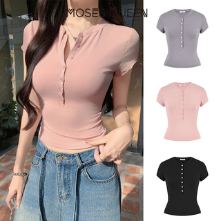 MOSESQUEEN มอสส์ ราชินี เสื้อยืดแขนสั้นติดกระดุมครึ่งคอปก -เสื้อกีฬาทรงเข้ารูปเฉพาะฤดูร้อนสําหรับผู้หญิง #63595