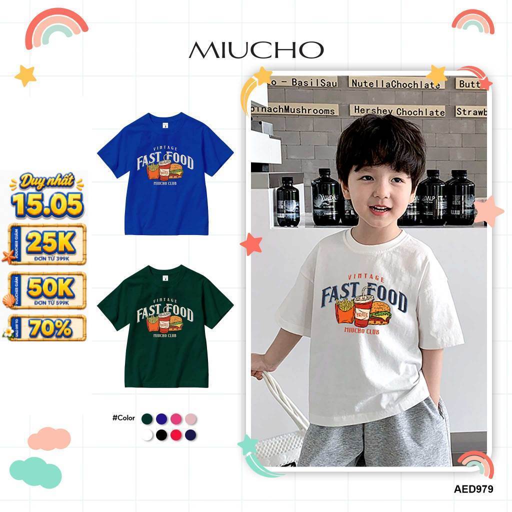 เสื้อยืดเด็กน่ารัก ผ้าคอตตอนหลวม เท่ๆ AED979 Miucho Kid พิมพ์ลายผสม