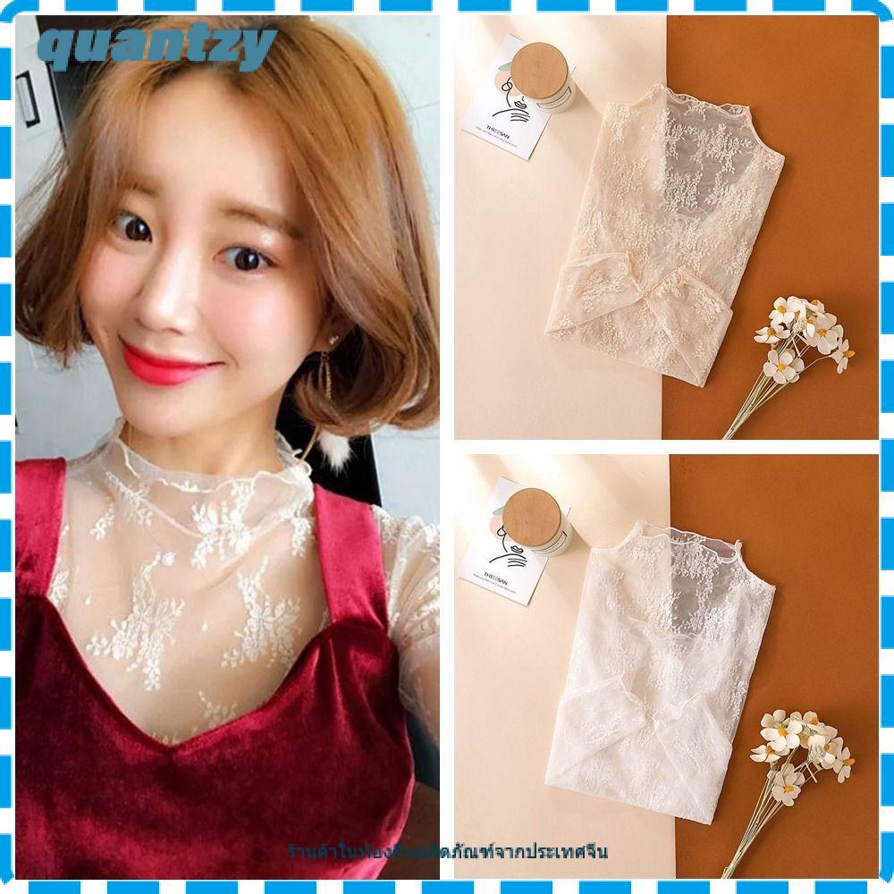 QUANTZY เสื้อยืด Tops, เสื้อแขนยาวตาข่ายซีทรู, ท็อปส์ซูสุภาพสตรีสีดําซีทรู