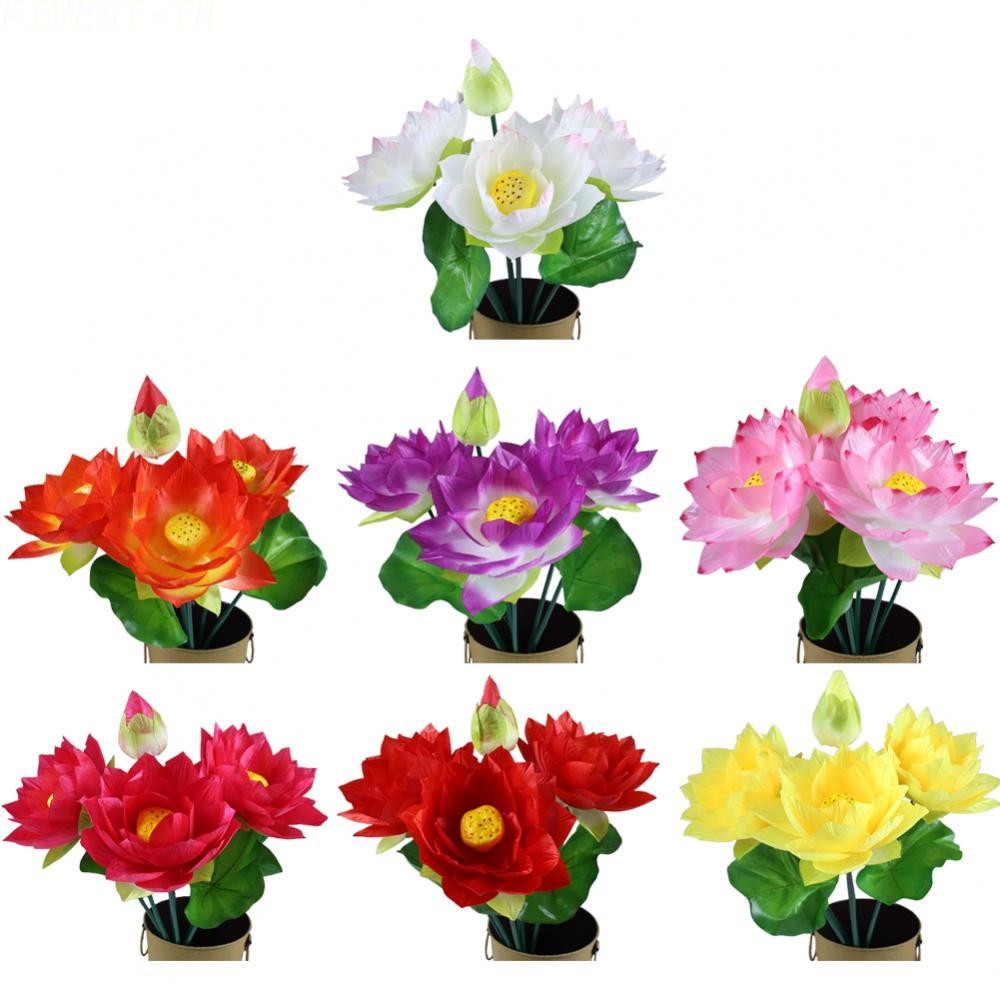 ⭐FIVESTARS⭐Garden Decoration Flowers Realistic Lotus Stalks 3 Flowers Bud 3 Leaves