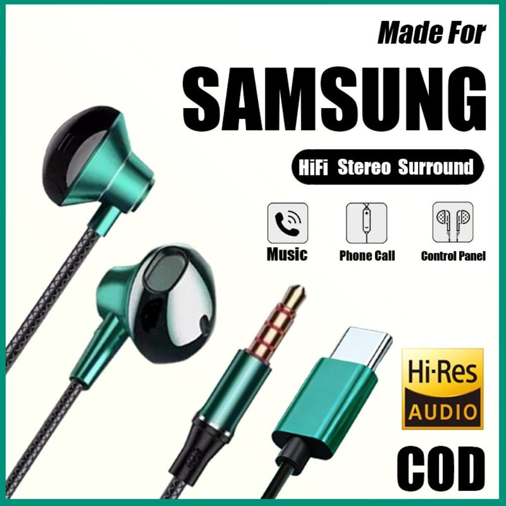 Type C Headphone HiFi Bass Stereo Volume Control Mic 3.5mm Wired Earbuds For SamSung S25/24/23/22 Earphone หูฟังแบบมีสาย