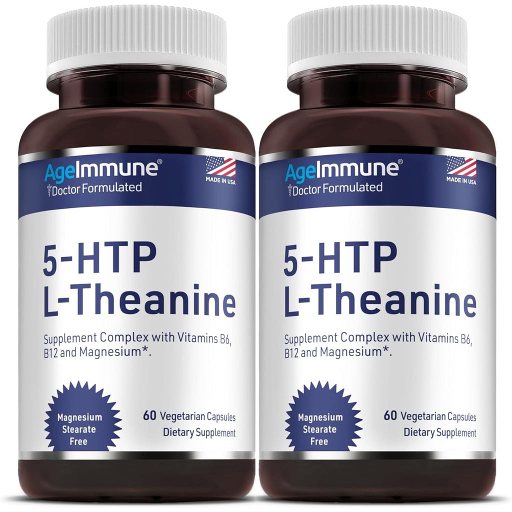 5-HTP สูตรคลายเครียดและผ่อนคลายสําหรับวัยรุ่นและผู้ใหญ่ 5-HTP, L-Theanine, Vitamin B6, Vitamin B12, 