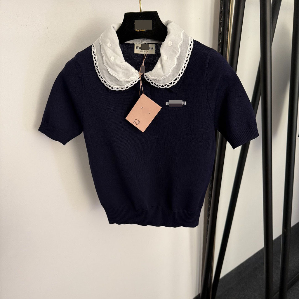 M * IU Temperament Slim-fit Dopamine เสื้อสเวตเตอร์แขนสั้นคอปกตุ๊กตาที่ถอดออกได้สไตล์หวาน