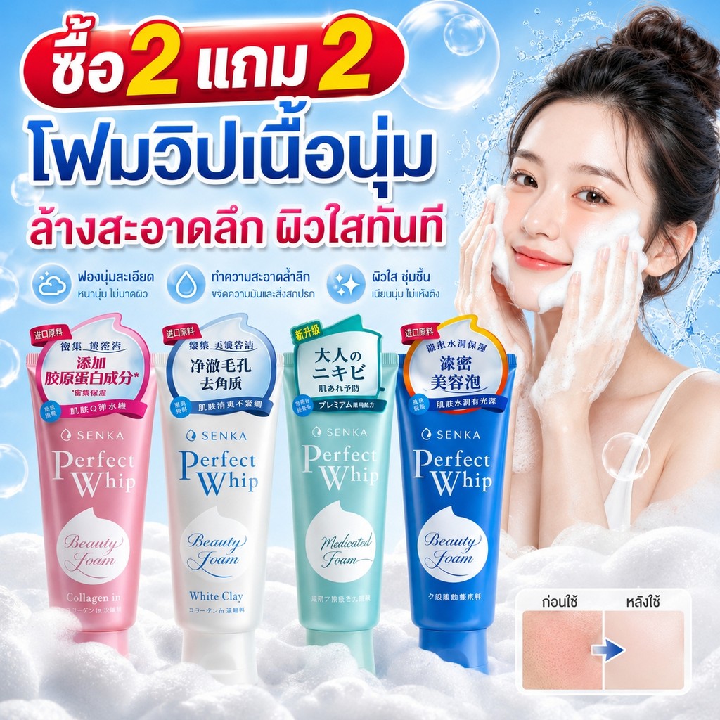 [ซื้อ 2 แถม 2] SENKA Perfect Whip โฟมล้างหน้าวิปโฟมหนานุ่ม ล้างสะอาดลึก ผิวชุ่มชื้น ไม่แห้งตึง