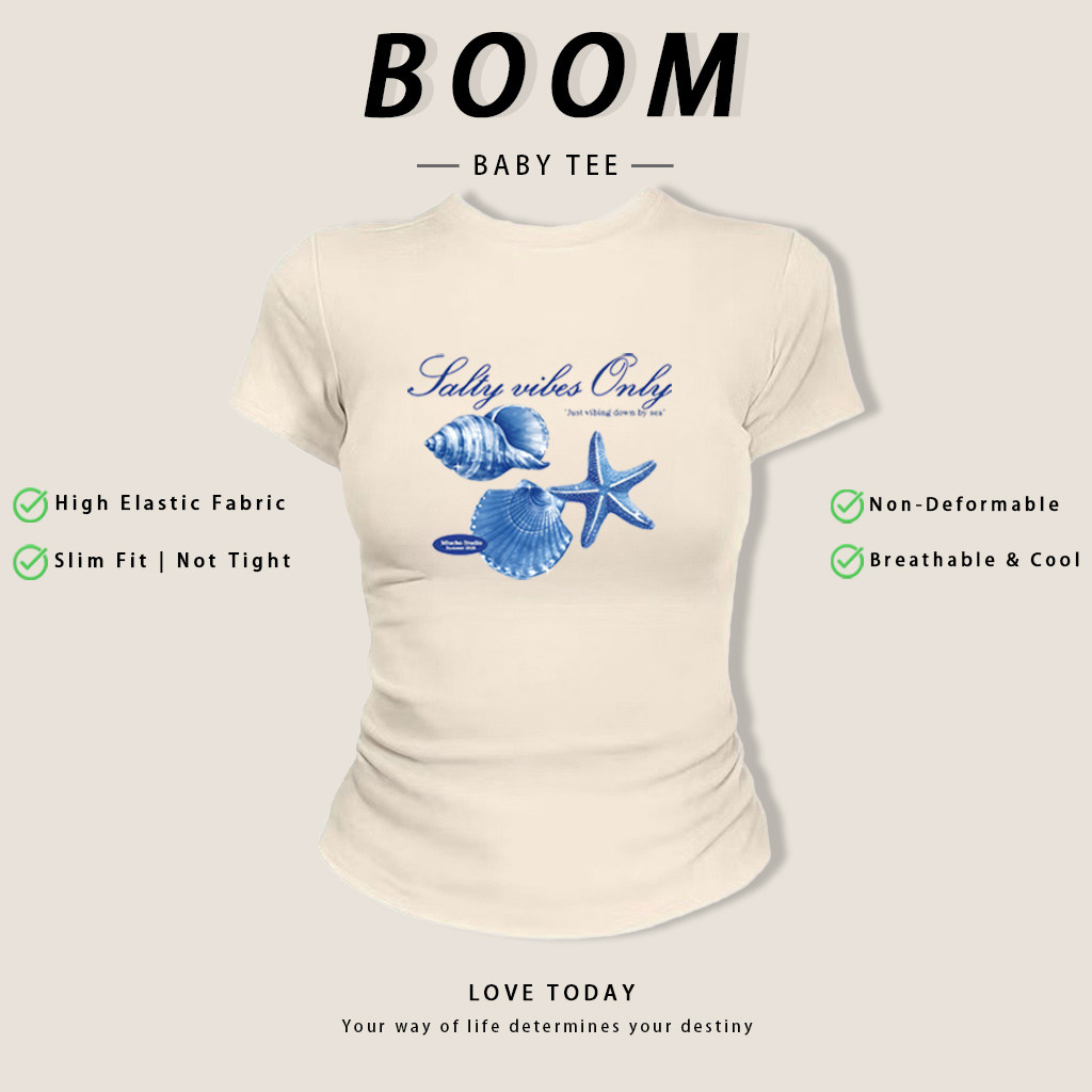 เสื้อทีเชิร์ตลายหอยทะเล สีครีมน่ารัก ผ้าสแปนเด็กซ์ยืดหยุ่น ไม่เสียรูป กระชับสัดส่วน ใส่ไปเที่ยว/คาเฟ่ได้เลย