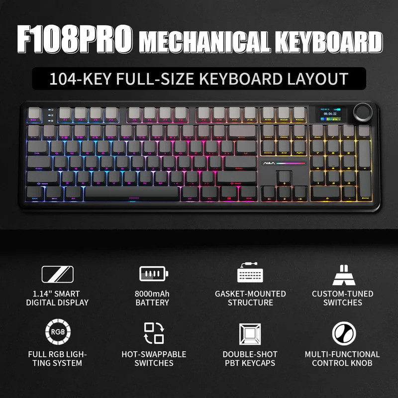 AULA F108 PRO/F108 คีย์บอร์ดแบบกลไกที่กําหนดเอง 100% เค้าโครง RGB Backlight ไร้สายบลูทูธ Hifi Switch