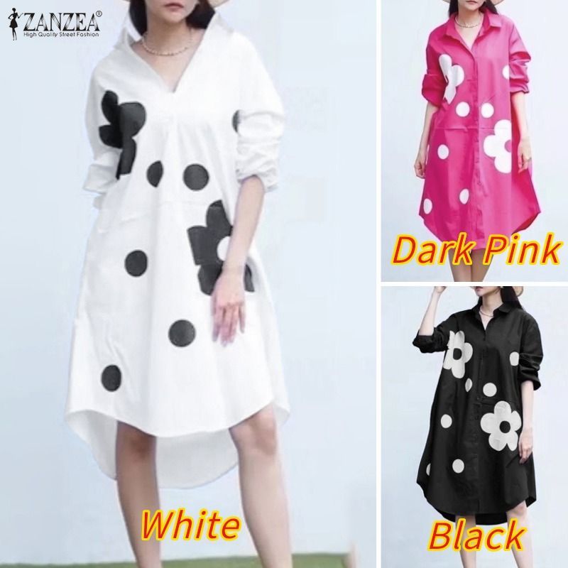 ZANZEA ผู้หญิงเกาหลีสตรีทแฟชั่น Turn-Down-Collar แขนยาว Contrast พิมพ์ลายดอกไม้ A-Line เสื้อเดรส — صورة 3