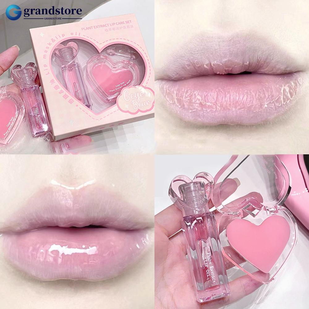 GRS Pink Heart Plant กระจกโปร่งใส Lip Balm Lip Oil Set Moisturizing Lip Balm Lip Gloss Set Moisturiz