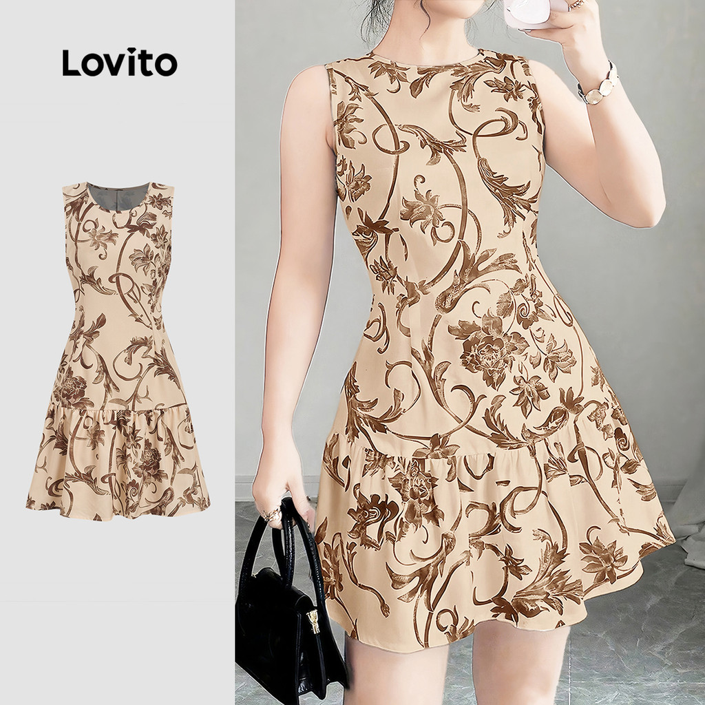 Lovito ชุดเดรสโบโฮลายดอกไม้ โครงสร้างมีระบายชายกระโปรง เหมาะสําหรับฤดูร้อน/ฤดูใบไม้ผลิ L190ED250