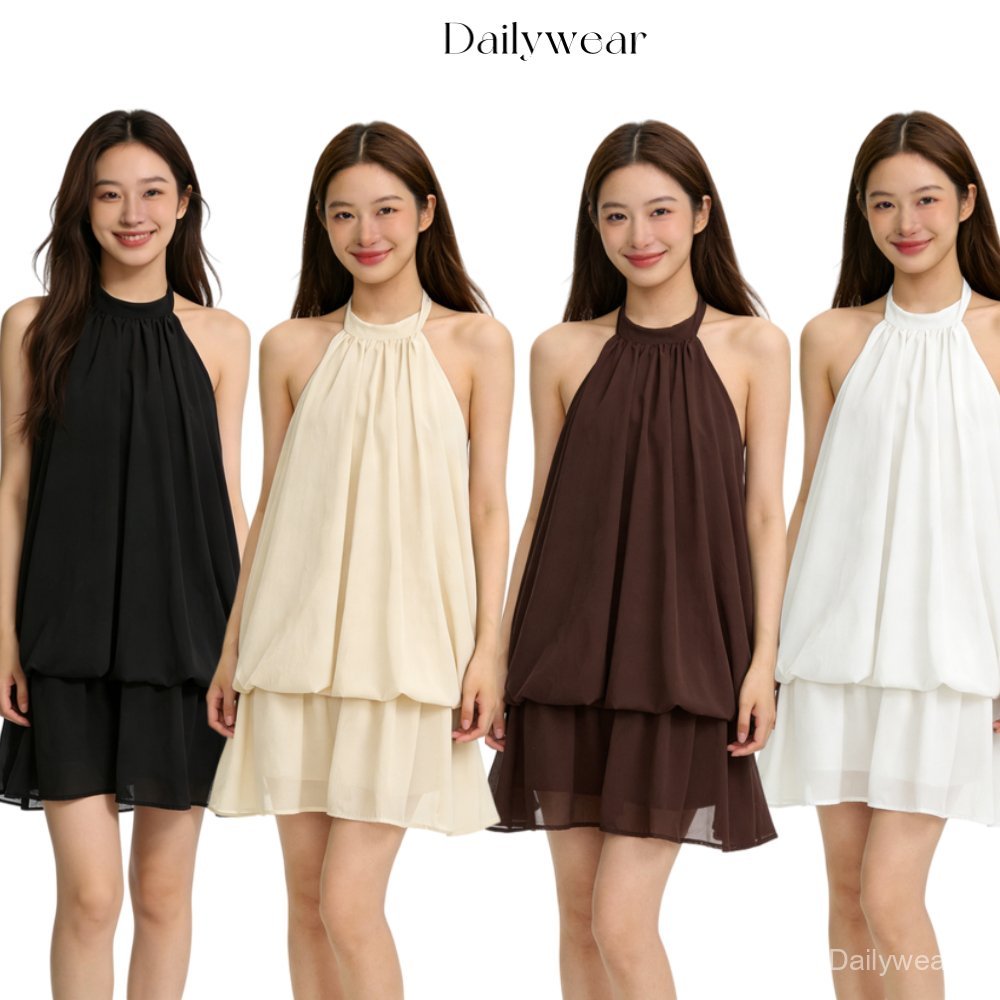 Dailywear พร้อมส่ง ✨ เดรสสั้นเข้ารูปสีพื้นสำหรับผู้หญิง ดีไซน์เซ็กซี่ คอคล้องหลัง เปิดเอว สำหรับวันหยุดพักผ่อน