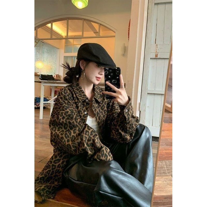 แจ็คเก็ตพิมพ์เสือดาวสำหรับผู้หญิง สไตล์ย้อนยุคหลวมๆ สวมใส่ง่ายในฤดูใบไม้ร่วง