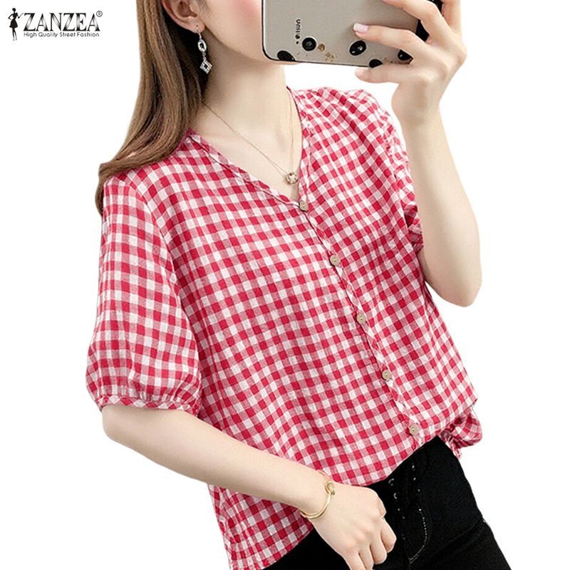 ZANZEA เสื้อฤดูร้อนสำหรับผู้หญิง สไตล์เกาหลีวินเทจ พิมพ์ลายสก๊อต แขน.Single-Breasted และคอกลมทรงพัฟ