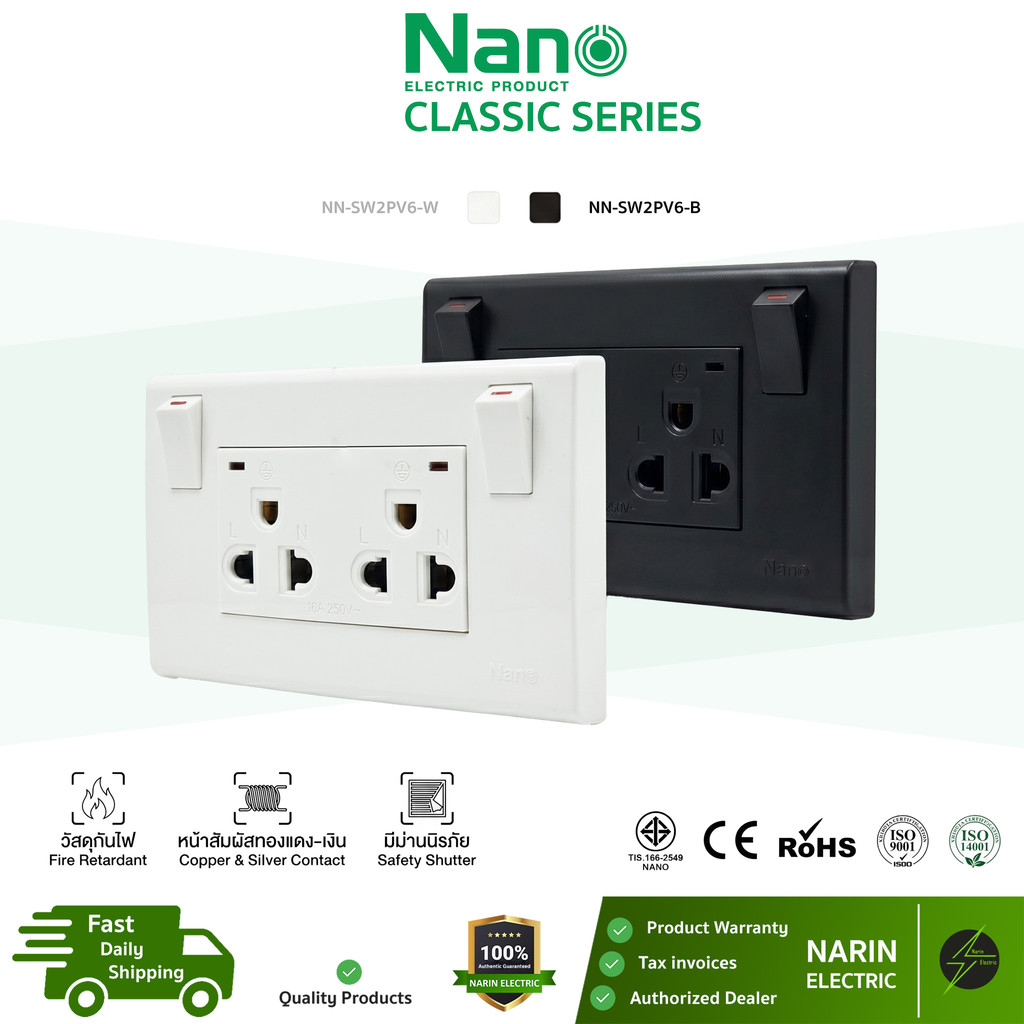 [ของแท้] NANO ชุดปลั๊กไฟติดผนังพร้อมสวิตช์คุม แนวตั้ง ชุดเต้ารับ ปลั๊กกราวด์คู่มีม่าน รุ่น NN-SW2PV6 ทองแดงมาตรฐาน มอก. – โปรปัง