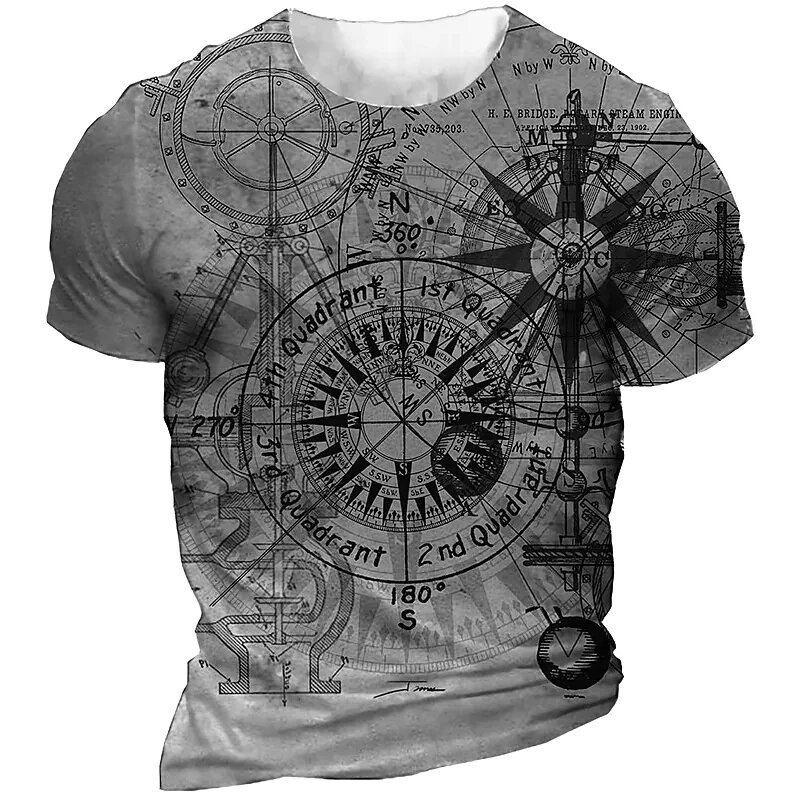 Vintage เข็มทิศ T เสื้อผู้ชาย 3d พิมพ์นําทางเข็มทิศผู้ชายลูกเรือคอสั้นแขนสั้นเสื้อขนาดใหญ่ Tee เสื้อ