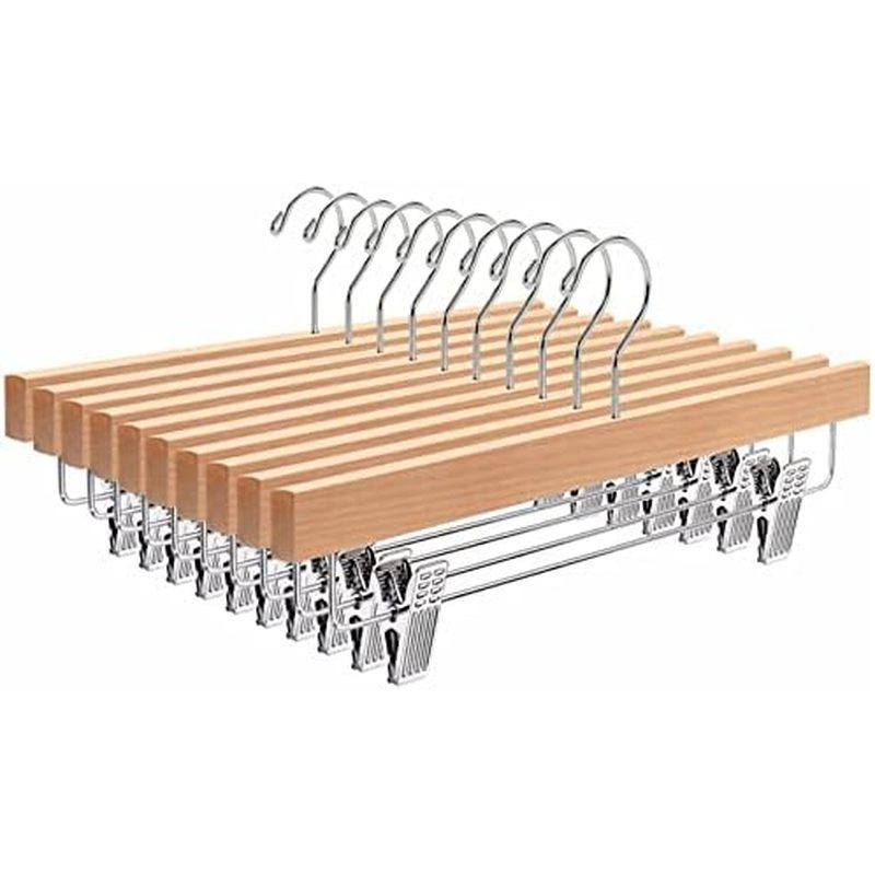 Amber Home 24 Pack Natural Wooden Pants Hangers with Clips, Wood Skirt Hangers Trouser Hangers for J