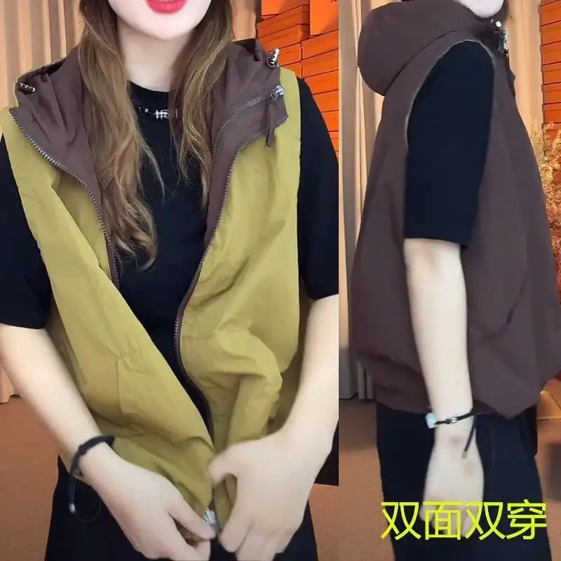 เสื้อกั๊กสองหน้า สไตล์เกาหลี สำหรับฤดูใบไม้ผลิและฤดูร้อน พร้อมฮู้ดและแขนสั้นบางเบานุ่มนวล