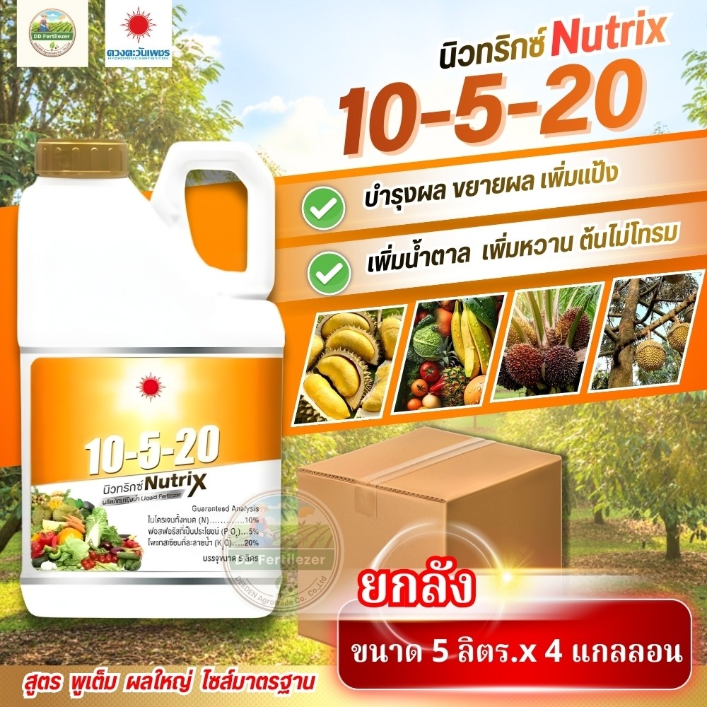 (ยกลัง5L*4) ปุ๋ยน้ำ 10-5-20 (แกลลอน 5 ลิตร) สูตรบำรุงผล ขยายผล #ดวงตะวันเพชร  ยกลัง 4 แกลลอน