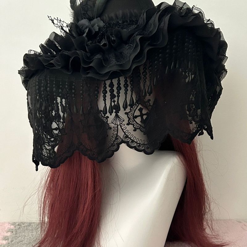 Lolita อุปกรณ์เสริมสีดํา Gothic Handmade Big Brim Widow หมวก Gothic หมวกแม่มดหมวกฮาโลวีน Lolita d