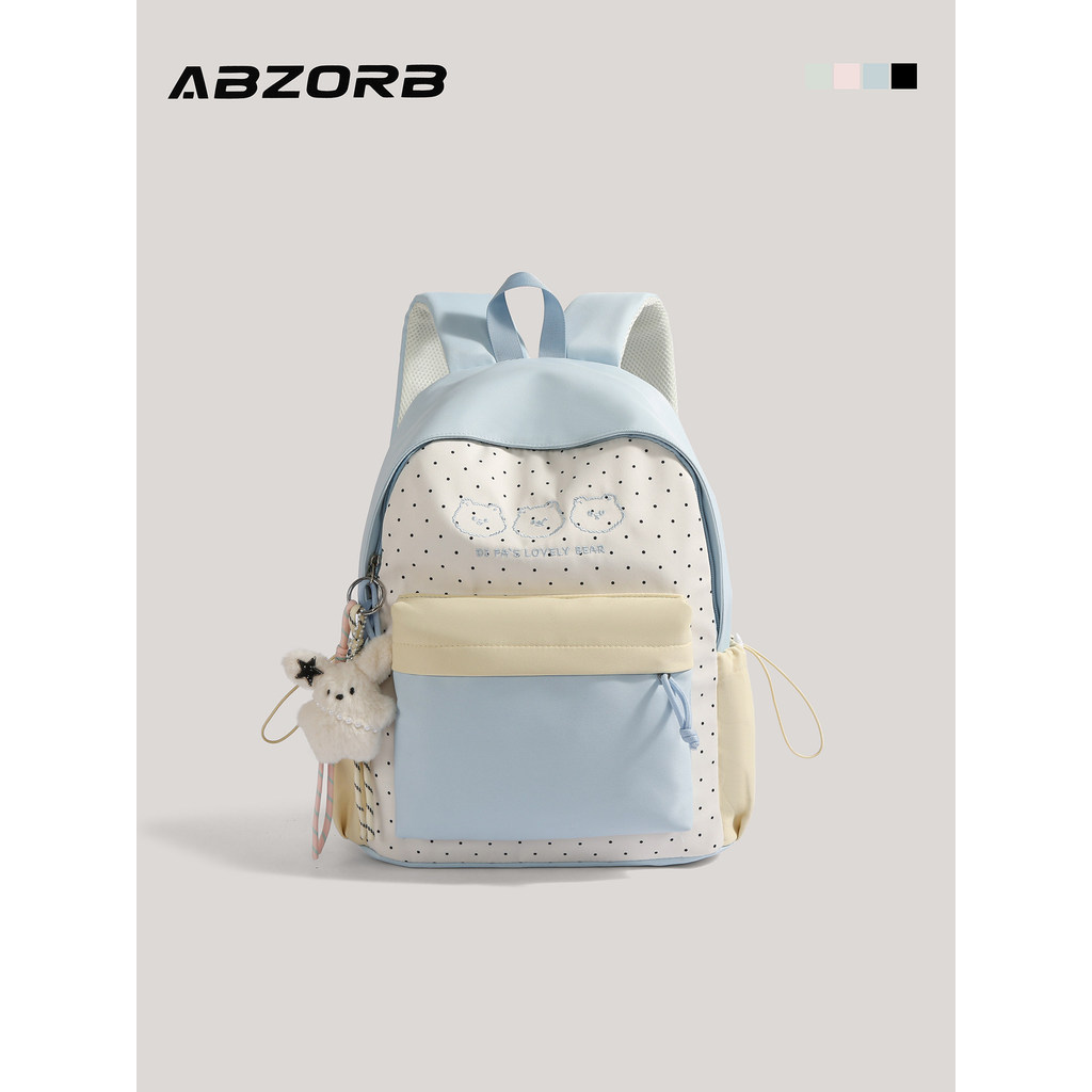 2026 สินค้าใหม่ ABZORB ปักหมีสีจับคู่ Polka Dot กระเป๋านักเรียนหญิงกระเป๋าเป้สะพายหลังนักเรียนวิทยาล