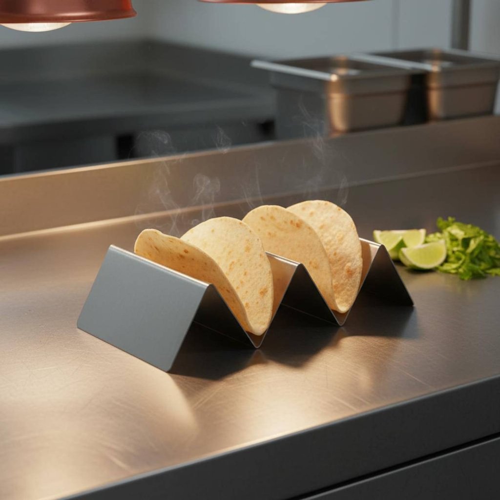 ทําความสะอาดง่ายสแตนเลส Taco Shell ตะกร้า Multi-Slot Design Taco Fryer ตะกร้าแม้ทําอาหารสําหรับจัดเล