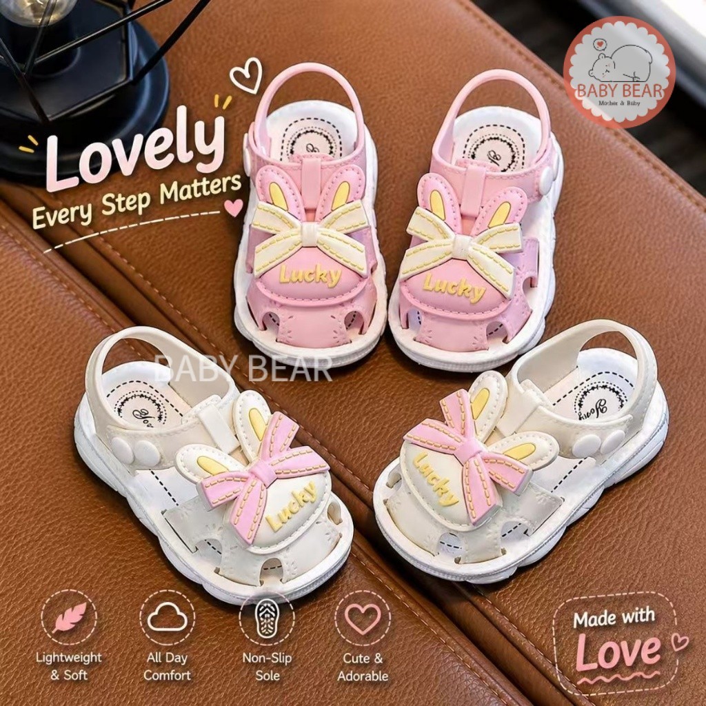 รองเท้าหัดเดินเด็กผู้หญิง รองเท้าแตะเด็กดีไซน์ โบว์ กระต่าย และแมวLucky น่ารัก