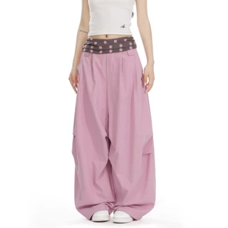American Polka Dot Contrast Color Stitching Overalls ผู้หญิงหลวมกางเกงกีฬาขากว้าง
