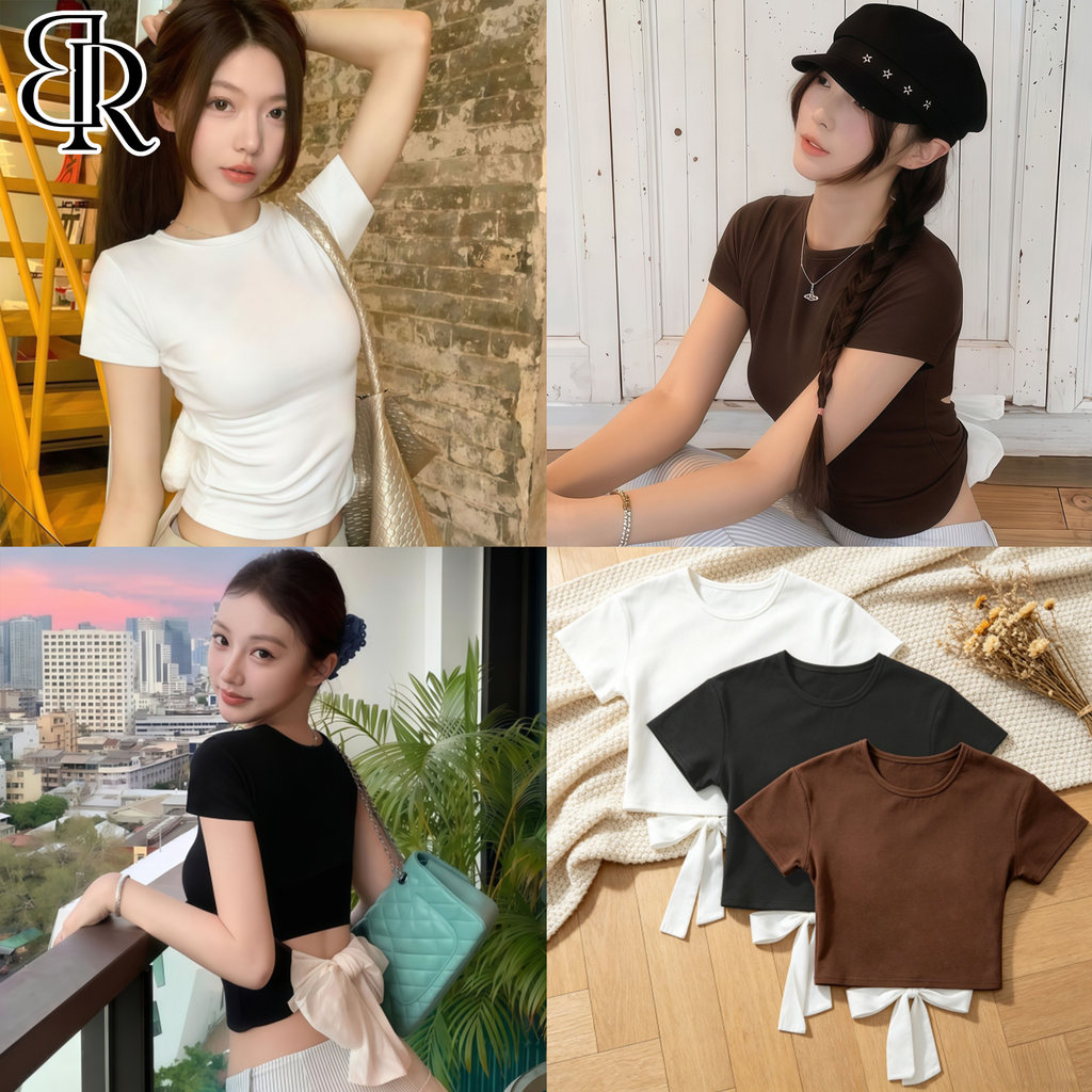 B&R พร้อมส่ง เสื้อยืดแขนสั้นคอกลม เสื้อทรงเข้ารูปเอวลอยสไตล์เซ็กซี่ โบว์ผูกด้านหลัง ขนาด M-2XL