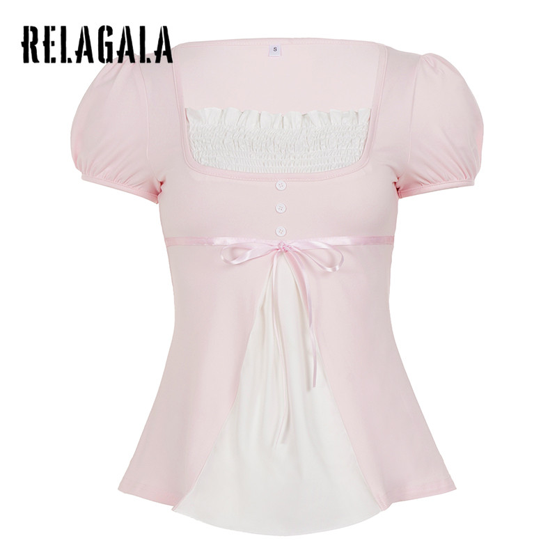 RELAGALA เสื้อยืดผู้หญิง 2026 ใหม่หวานสีคมชัดแฟชั่นเสื้อแขนสั้นพอง