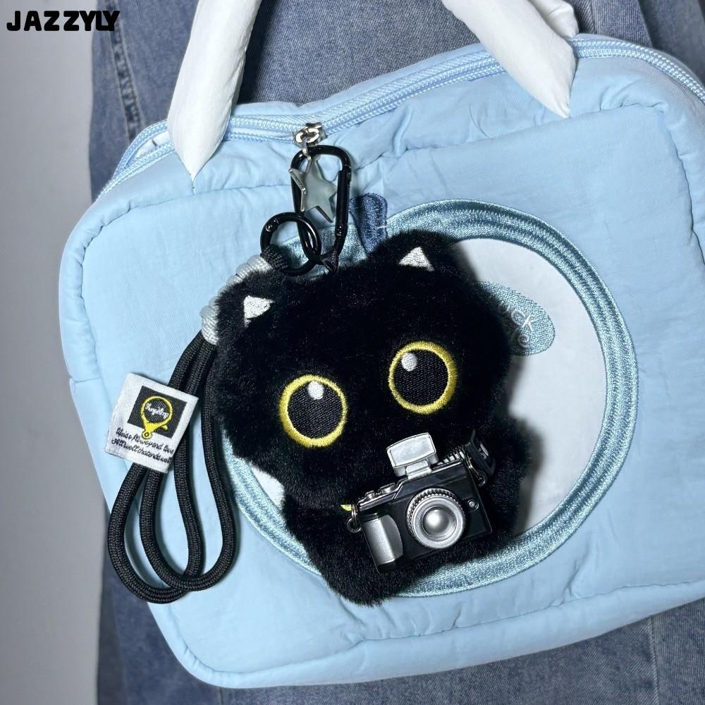 จัดส่งรวดเร็วJAZZYLY Black Cat พวงกุญแจตุ๊กตา,ผ้าพันคอกล้องตุ๊กตากระเป๋าจี้,กระเป๋าสะพายพวงกุญแจรถของขวัญ
