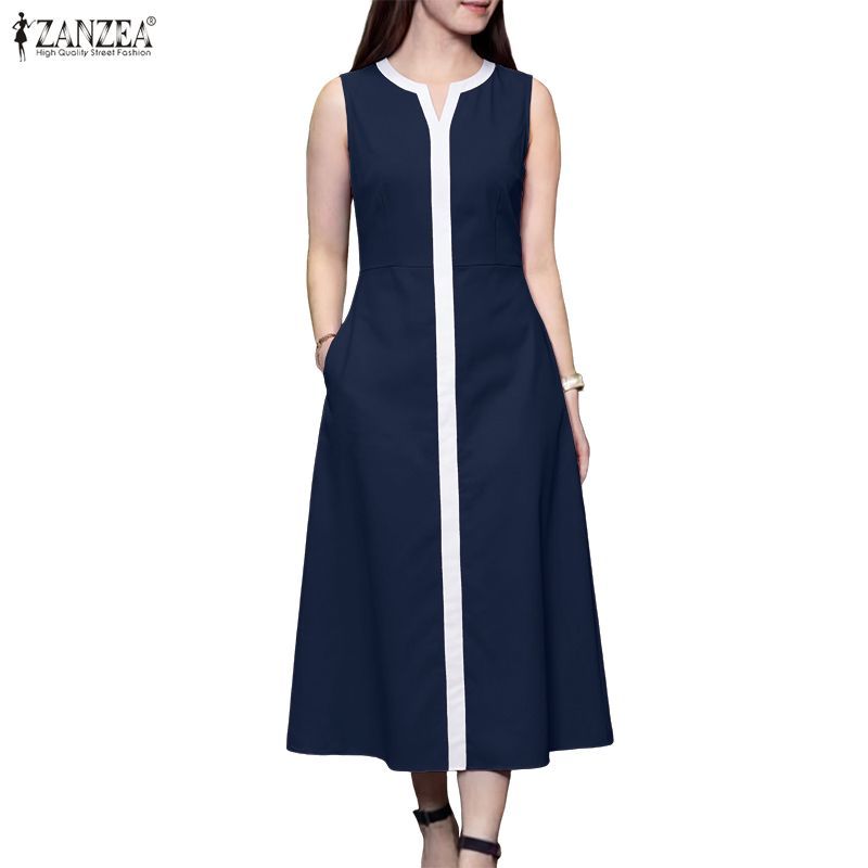 ZANZEA ใส่ ซานเซีย ผู้หญิงเกาหลีรอบคอแขนกุด โวลต์ คอคมชัดสีเอว Cinched ชุด