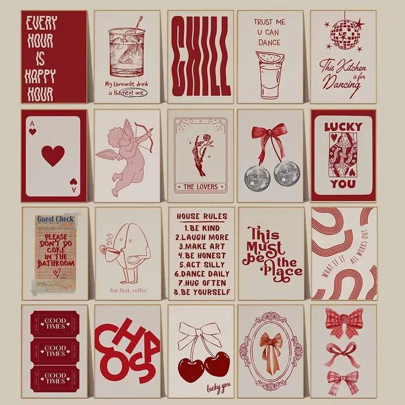 Retro Red Aesthetic No-Frame Canvas Wall Art Set