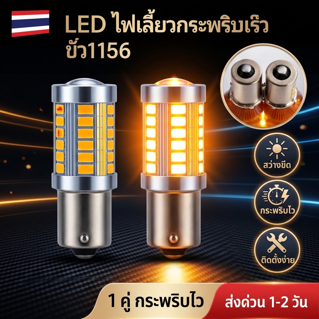 ไฟเลี้ยว LED 1156 33 ชิพ สีส้มอำพัน DC12V หลอดไฟเลี้ยวหลัง แสงแรง กระพริบเร็ว ขั้วบิด พร้อมส่งจากไทย (1 หลอด)