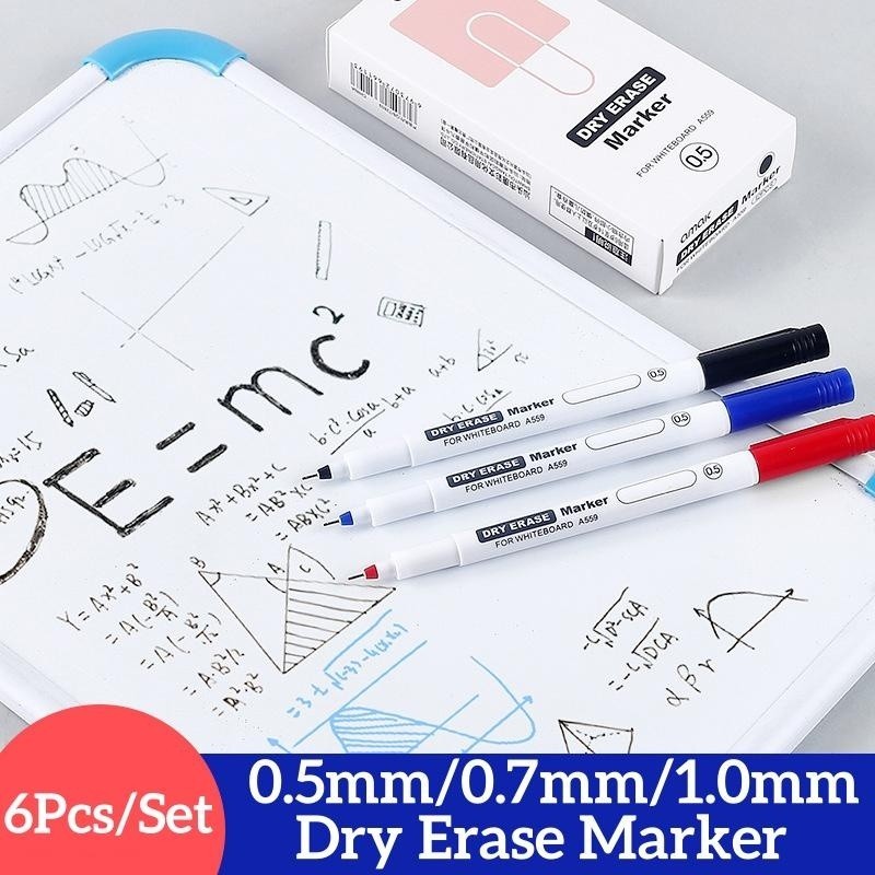ปากกาไวท์บอร์ดหัวเล็ก 6 ด้าม 0.5/0.7/1.0 มม. ลบได้ แห้งไว สีดำ น้ำเงิน แดง สำหรับสอน ออฟฟิศ วางแผน