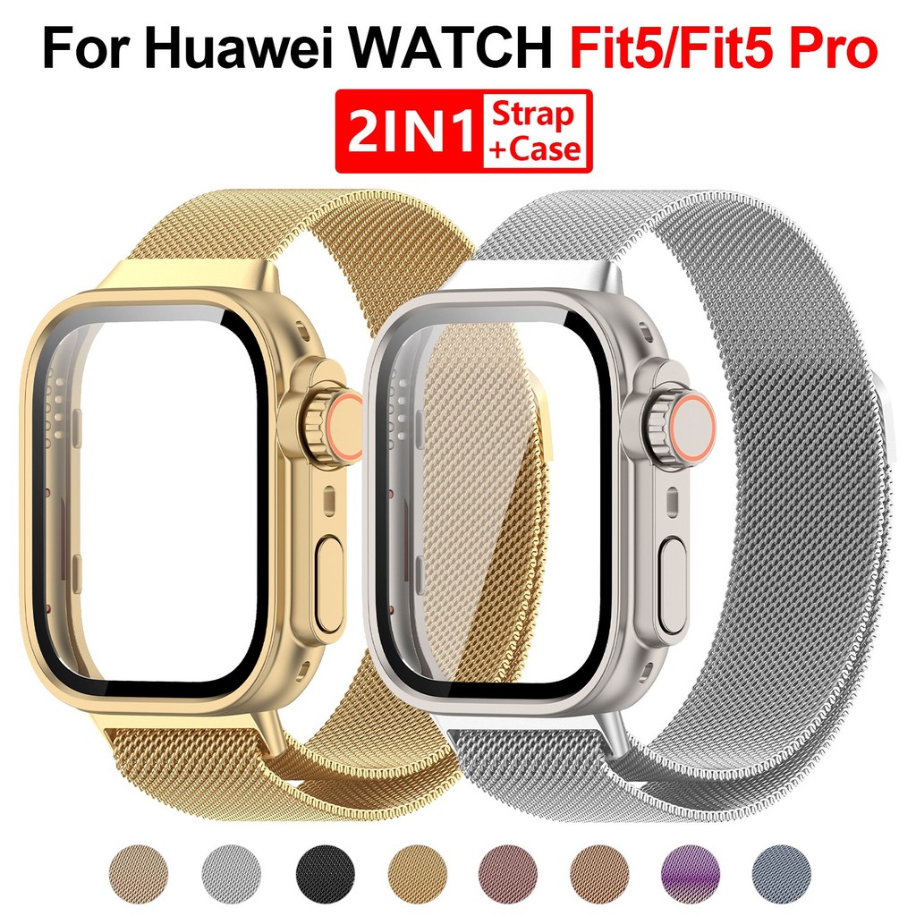 สําหรับ Huawei Watch Fit 5 / Fit 5 Pro สายรัดห่วงซิลิโคนแม่เหล็ก + Matte PC เคสกันชนป้องกัน 2-in-1 ชุดอุปกรณ์เสริม