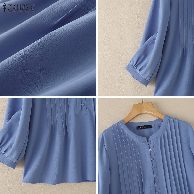 ZANZEA เสื้อเชิ้ตสีทึบแขนยาวสไตล์เกาหลีสําหรับผู้หญิง — صورة 8