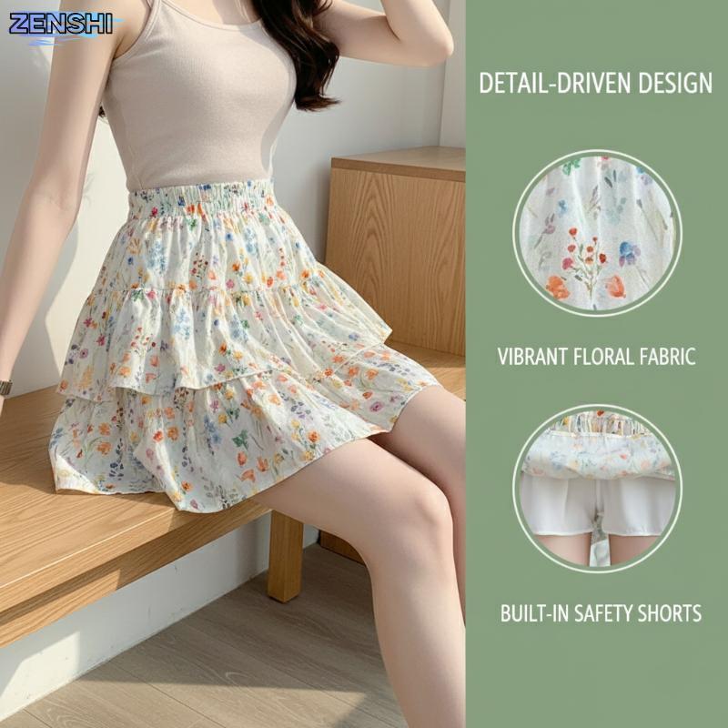 [Zen-t] Vintage Y2k ผู้หญิงกระโปรงเอวสูงดอกไม้พิมพ์สาย Mini Ruffled Hem วัยรุ่นสาวชุดลําลอง