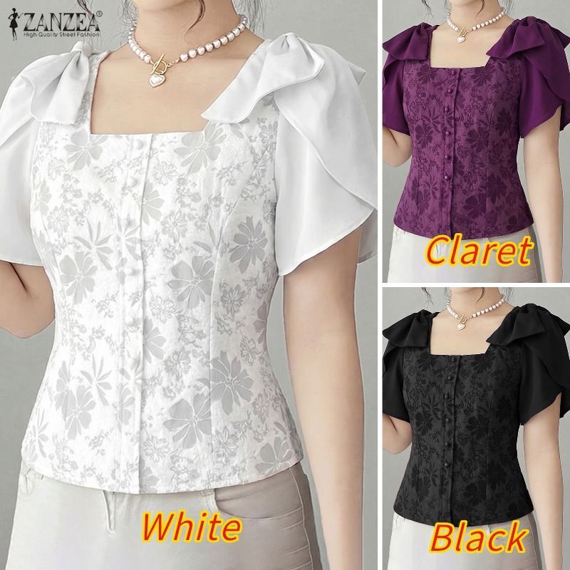 ZANZEA เสื้อกลีบแขนสั้นแบบเกาหลี ทรงสแควร์คอดีไซน์ทันสมัย กับซิปด้านข้างสำหรับผู้หญิง — صورة 3