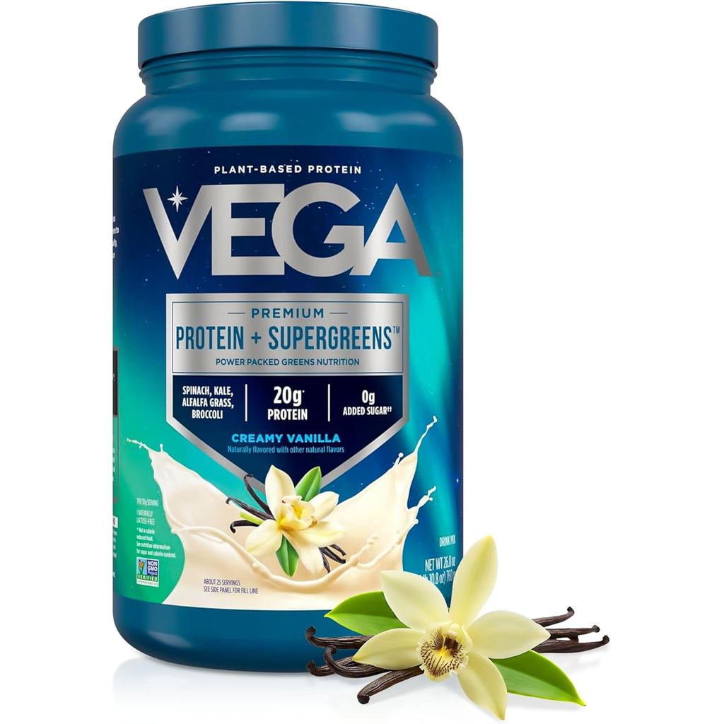 Vega Premium Protein + ergreens - 20g โปรตีน, วานิลลาครีม, 25 เสิร์ฟ, ผักโขม, หญ้าอัลฟัลฟ่า, บรอกโคล